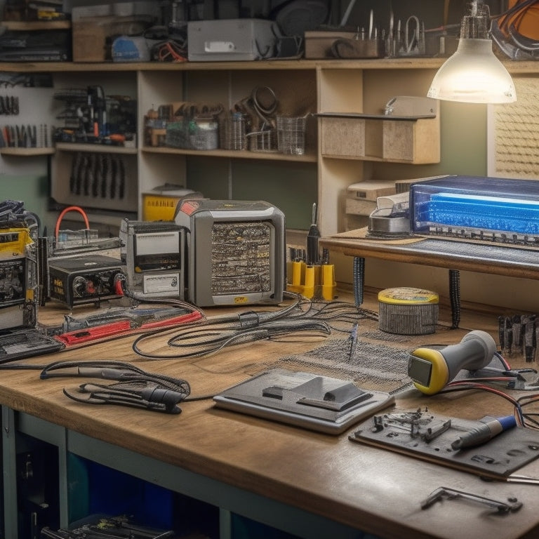 A clutter-free workbench with a multimeter, screwdrivers, pliers, and a tester device, surrounded by wires, circuit boards, and a partially disassembled electrical panel in the background.