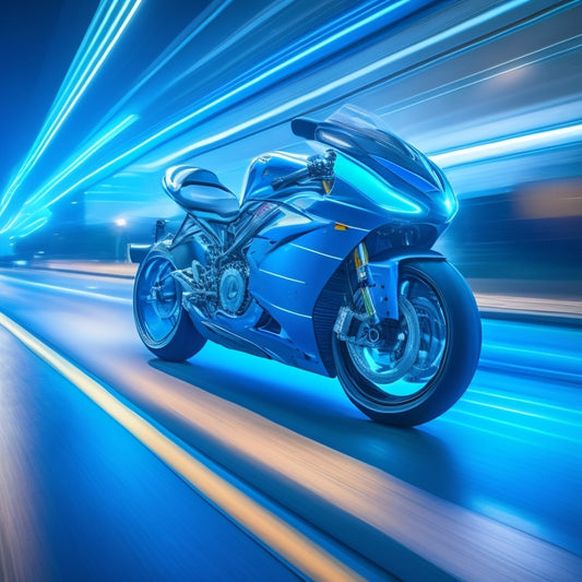 A futuristic, high-angle illustration of a sleek, silver motorcycle in mid-wheelie, set against a blurred, asphalt background, with glowing blue lines tracing the bike's trajectory and stabilizing vectors.