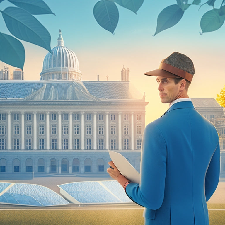 An illustration of a person standing in front of a house with solar panels, surrounded by papers, folders, and a magnifying glass, with a city hall or government building in the background.