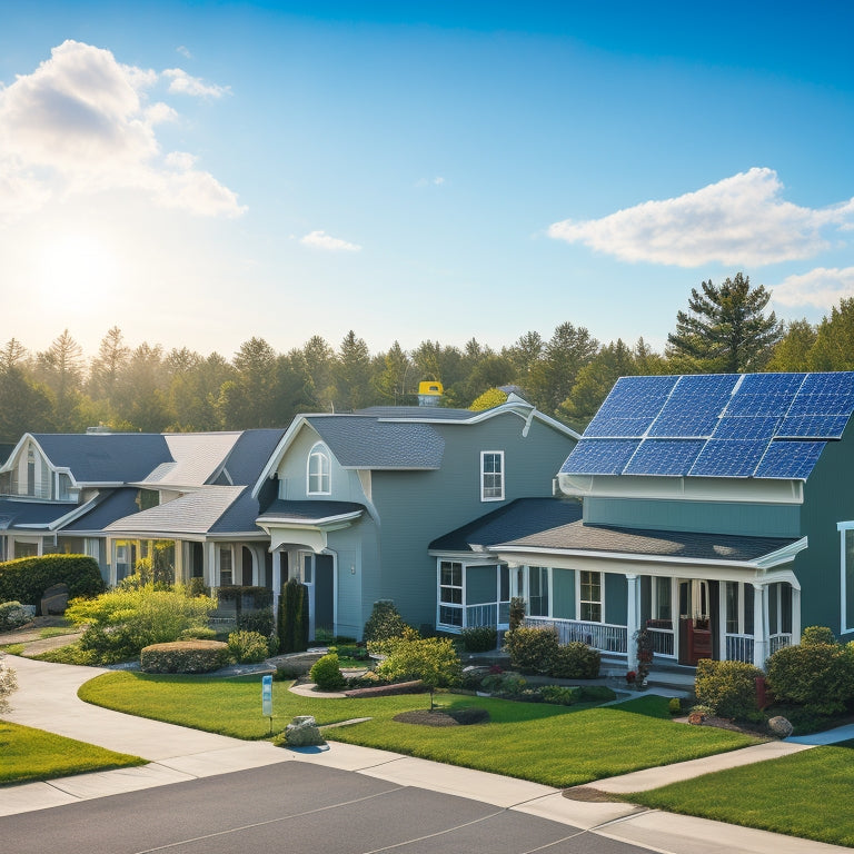 A sunny suburban neighborhood with multiple houses, each featuring a unique solar panel installation design, showcasing various panel styles, angles, and roof types, set against a bright blue sky with fluffy white clouds.