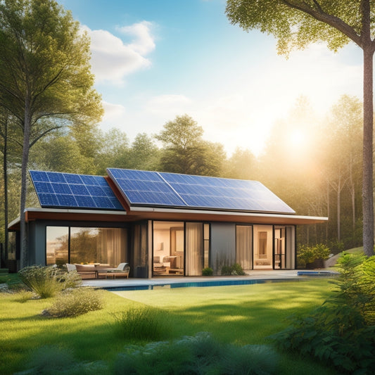 A serene, modern home with solar panels seamlessly integrated into the roof, surrounded by lush greenery and a clear blue sky, with a subtle, glowing aura emanating from the panels.