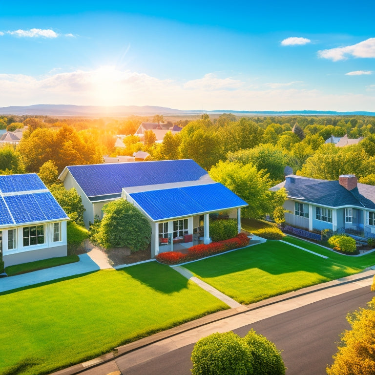 A serene suburban neighborhood with various rooftops featuring solar panels at different angles, amidst a clear blue sky with a few puffy white clouds, surrounded by lush green trees.