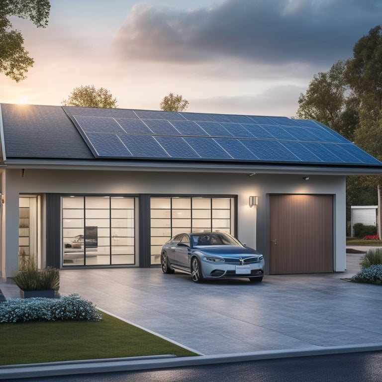 A modern home with a sleek, gray battery storage system installed in the garage, surrounded by solar panels, electrical meters, and a cityscape visible through the window.