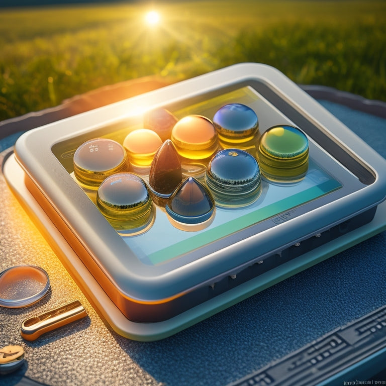 A stylized illustration of a solar car battery with three surrounding bubbles, each containing a distinct element: a calendar for scheduling, a droplet for watering, and a thermometer for temperature control.