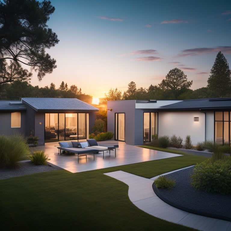 A serene residential backyard at sunset with a sleek, modern home featuring a rooftop solar panel array and a subtle, wall-mounted battery storage system with sleek, silver casing.