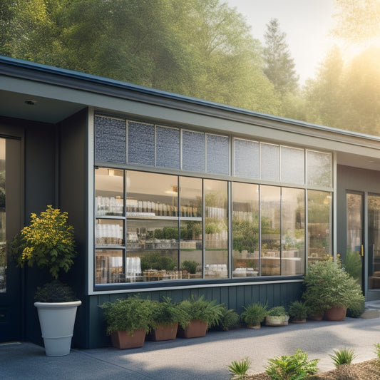 A serene, sunlit small business storefront with solar panels installed on the roof, surrounded by lush greenery, with a faint reflection of a rising graph in the windowpane.