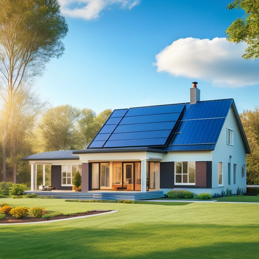 A serene suburban home with a medium-pitched roof, partially covered by 15-20 sleek, black solar panels, with a few windows and a chimney, set against a clear blue sky with fluffy white clouds.