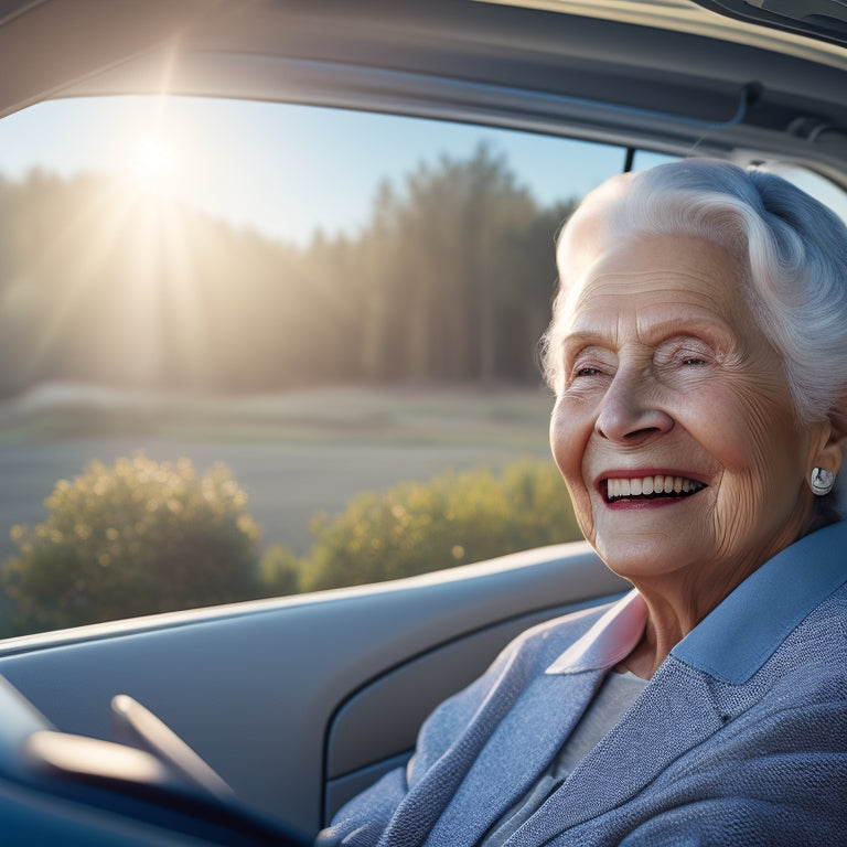 An illustration of a smiling senior citizen sitting comfortably in the backseat of a sleek, silver autonomous vehicle, surrounded by subtle hints of assistive technology, with a serene, sunlit landscape passing by outside.