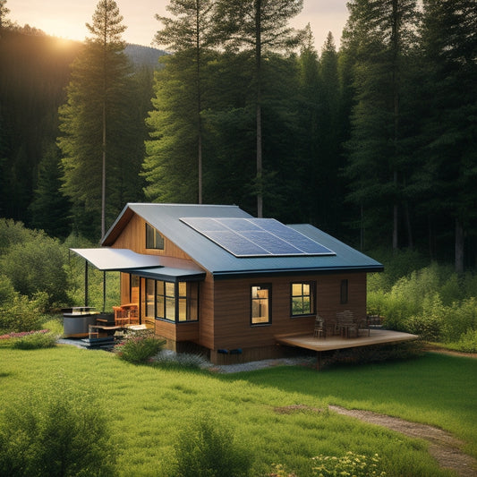 A serene off-grid home surrounded by lush greenery, with a sleek rooftop solar panel array and a compact battery storage unit adjacent to a modern, rustic cabin-style dwelling.