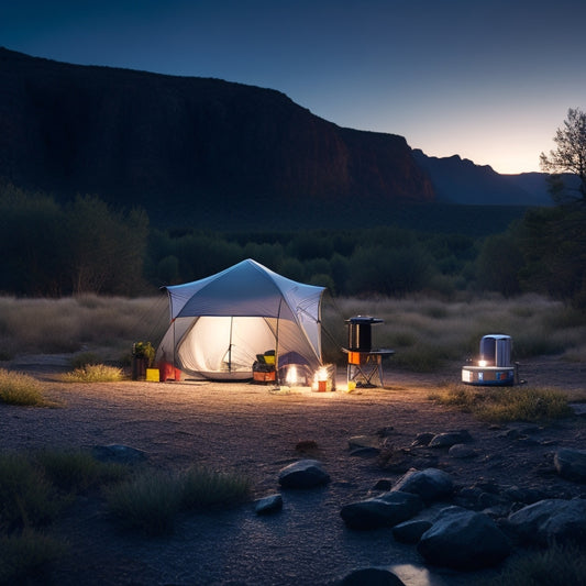 A serene wilderness campsite at dusk, with a sleek, silver solar panel propped on a portable stand, charging a battery beside a camping stove and a tent with a glowing lantern inside.