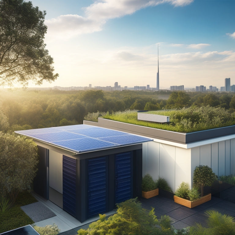 An illustration of a residential rooftop with solar panels and a sleek, modern battery storage unit installed, surrounded by lush greenery and a subtle cityscape in the background.