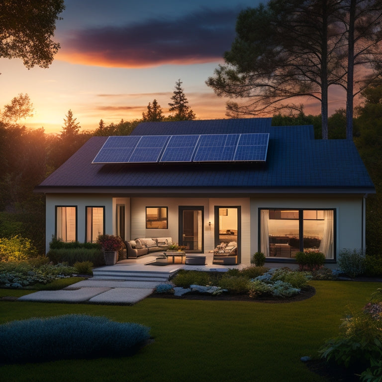 A serene suburban home at sunset with a sleek, modern solar panel array on the roof, surrounded by lush greenery, with a subtle glow emanating from the windows, hinting at a backup power system.