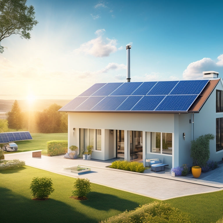 An illustration of a sunny day with a modern house in the center, surrounded by solar panels on the roof, a invertor box, and electrical wires connecting to a battery bank and a grid tie system.