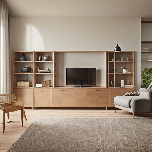 A cozy, minimalist living room with a sleek, floor-to-ceiling customized panel system in a warm, natural wood tone, seamlessly integrating storage, shelving, and a compact workspace.