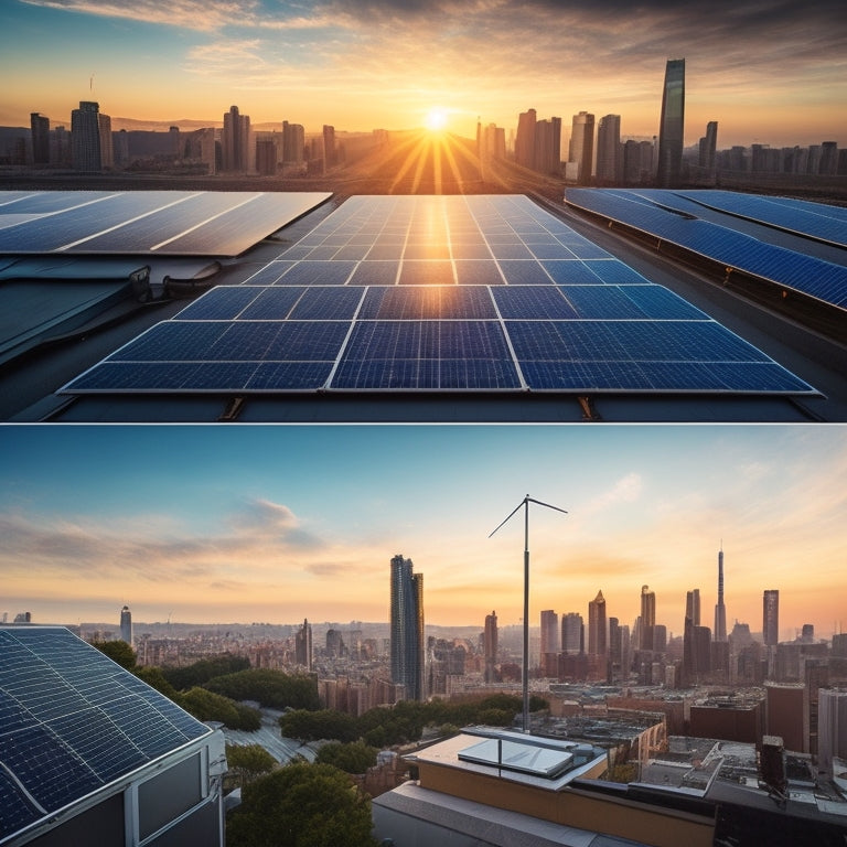 A split-screen image with a cityscape at sunrise on one side and a rooftop with various solar panels from different brands (e.g., Tesla, SunPower, Panasonic) on the other.