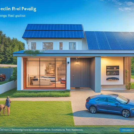 A modern home with solar panels on the roof, a sleek battery storage unit in the garage, and a smart inverter on the wall, surrounded by diagrams of electrical connections and flowcharts.