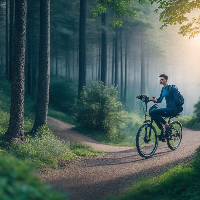 A serene outdoor scene with a person riding an e-bike on a winding mountain trail, surrounded by lush greenery, with a subtle hint of a laptop and online shopping tabs in the corner, symbolizing online research.