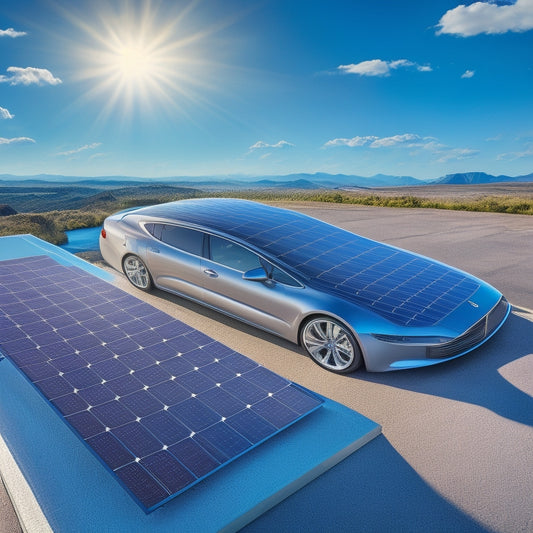 An illustration of a sleek, silver car with a rooftop solar panel system, set against a bright blue sky with fluffy white clouds, surrounded by subtle, curved lines suggesting motion.