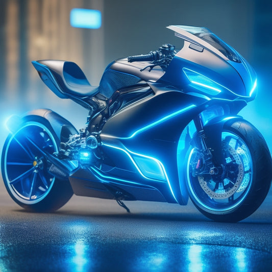 A futuristic motorcycle with sleek, aerodynamic lines, featuring retractable protective shields, glowing blue accents, and a glowing heads-up display projected onto the windshield.