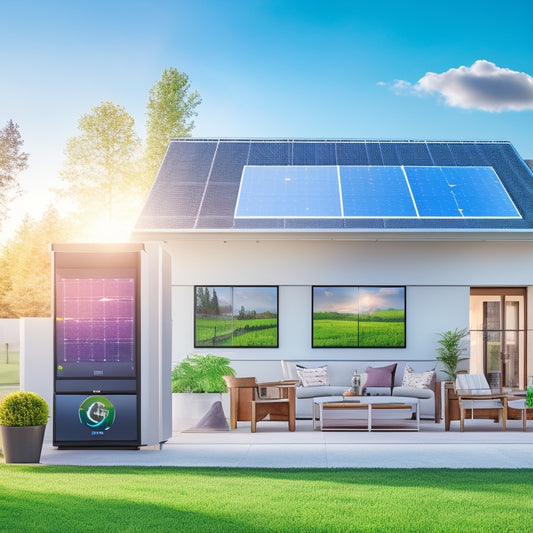 An illustration of a modern, eco-friendly home with a tablet displaying a dashboard of energy usage graphs, surrounded by icons of solar panels, smart thermostats, and energy-efficient appliances.