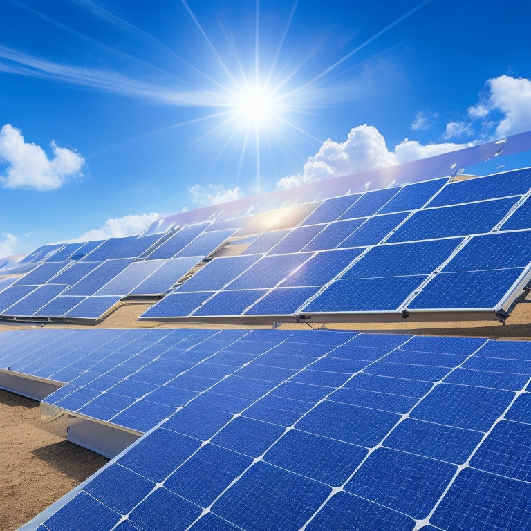 An illustration of a roof with various solar panel arrays of different sizes, with measuring tapes and rulers surrounding them, set against a sunny blue sky with fluffy white clouds.