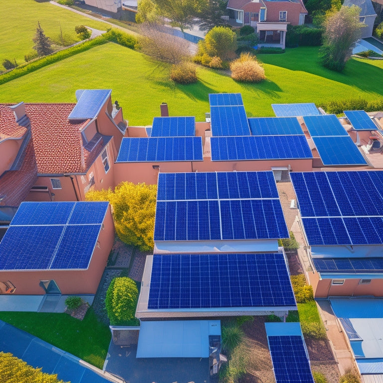 A birds-eye view of a residential rooftop with variously sized solar panels, some fitting snugly, others overlapping or leaving gaps, amidst chimneys, vents, and skylights, set against a clear blue sky.