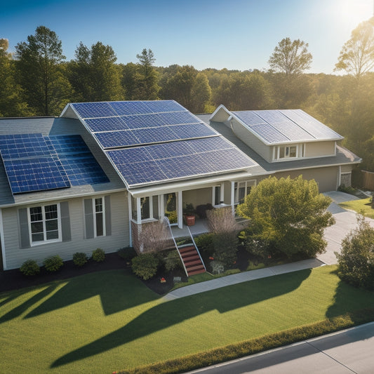 An aerial view of a suburban home with a large solar panel array on the roof, surrounded by measuring tapes, blueprints, and a ladder, set against a sunny sky with fluffy white clouds.