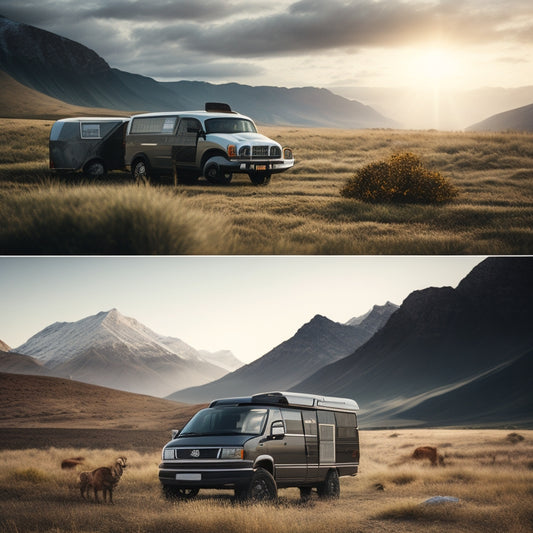 A serene landscape with a parked camper van, a sleek electric car, and a rugged 4x4 truck, each equipped with varying sizes and styles of solar panels on their rooftops and hoods.