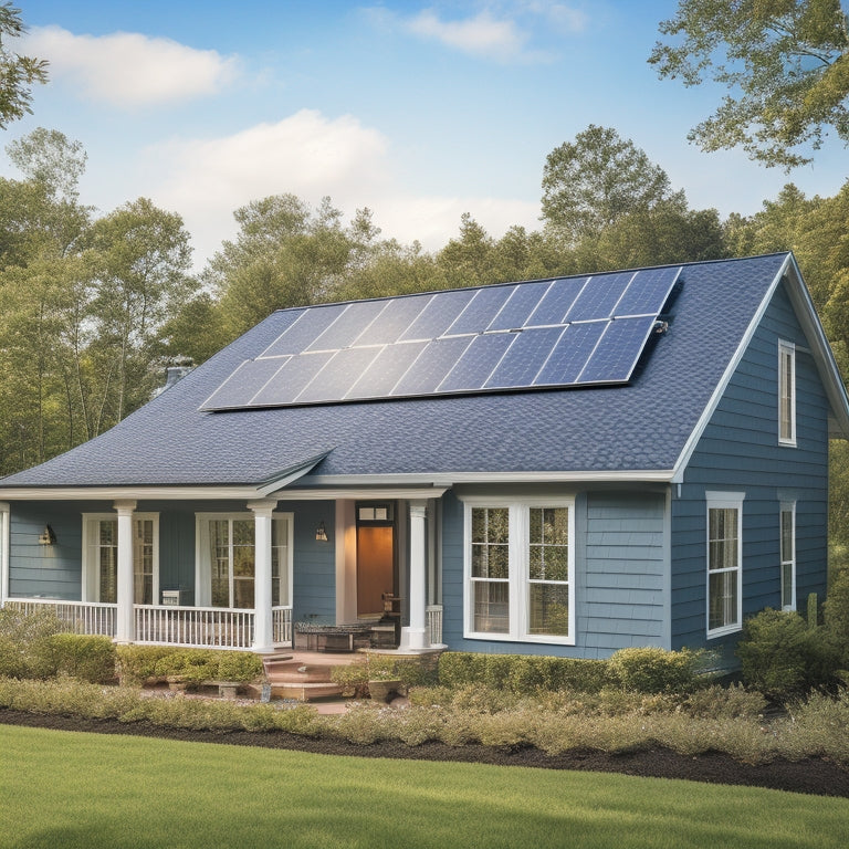 A serene suburban home with a mix of blue and brown roofing, surrounded by lush greenery, featuring a sleek solar panel installation on the south-facing roof slope, with a few panels slightly angled.