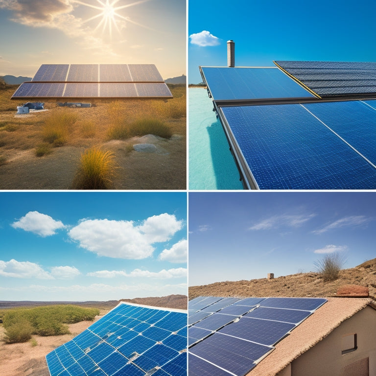 A before-and-after split-screen image: a dirty roof with streaked solar panels on the left, and a sparkling clean roof with pristine solar panels on the right, set against a bright blue sky.