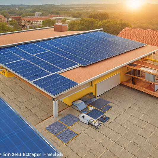 An illustration of a rooftop with a partially installed solar panel array, with various tools and equipment scattered around, and a faint background of a checklist with checkboxes and lines.