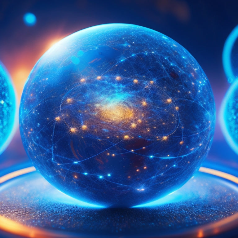 A futuristic, high-tech illustration featuring a stylized, glowing blue network of interconnected nodes and circuits, surrounded by swirling, pulsing energy waves and orbiting spheres of light.