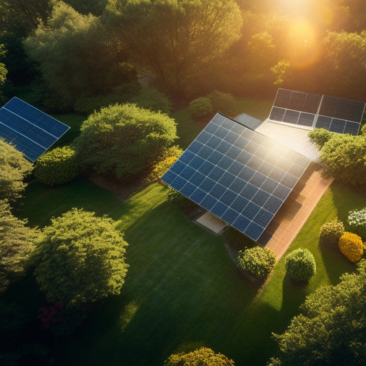 An aerial view of a solar panel array on a rooftop, with panels angled at 35 degrees, surrounded by a lush green garden, with a subtle sunbeam casting a warm glow on the setup.