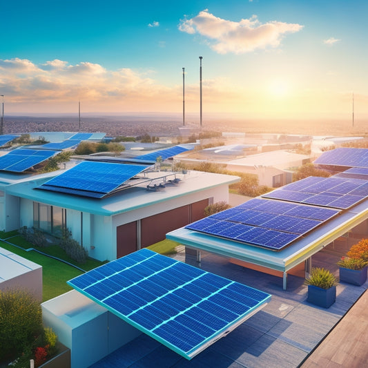 A futuristic illustration of a residential rooftop with various solar panels and inverters, showcasing different models and brands, surrounded by subtle energy waves and rays, set against a bright blue sky.