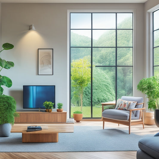 A serene, modern living room with a sleek, wall-mounted battery storage system, surrounded by lush greenery, with a faint solar panel reflection on the window.