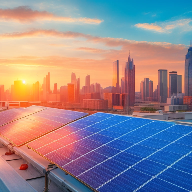 An illustration of a commercial rooftop with a array of solar panels, surrounded by city skyscrapers, with a subtle grid of digital lines and nodes overlaying the scene, indicating real-time monitoring and data tracking.