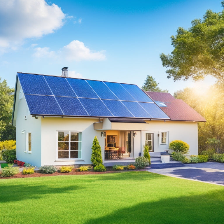 A serene suburban home with solar panels on the roof, surrounded by lush greenery, with a bright blue sky and fluffy white clouds, conveying a sense of eco-friendliness and savings.