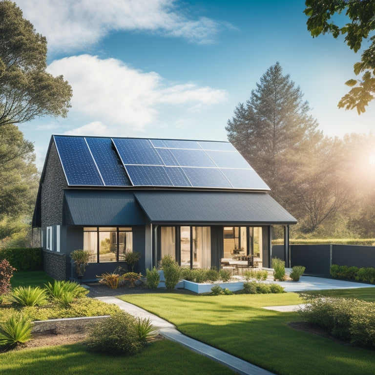 A serene suburban home with a sleek, black solar panel array on the roof, surrounded by lush greenery, against a bright blue sky with a few wispy clouds.