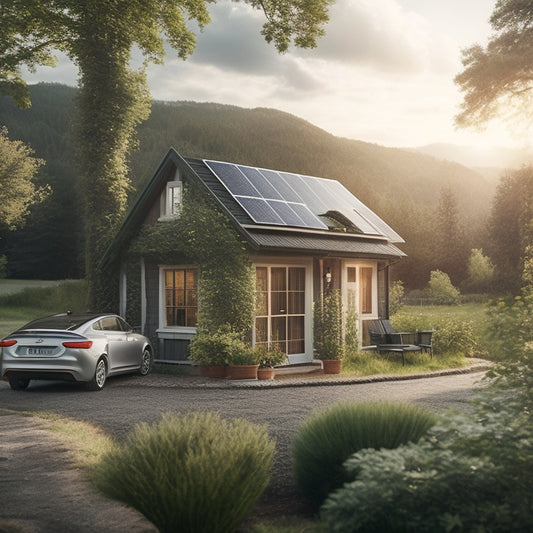 A serene landscape featuring a sleek, silver electric vehicle parked beside a small, rustic cottage surrounded by lush greenery, with a few solar panels installed on the rooftop.