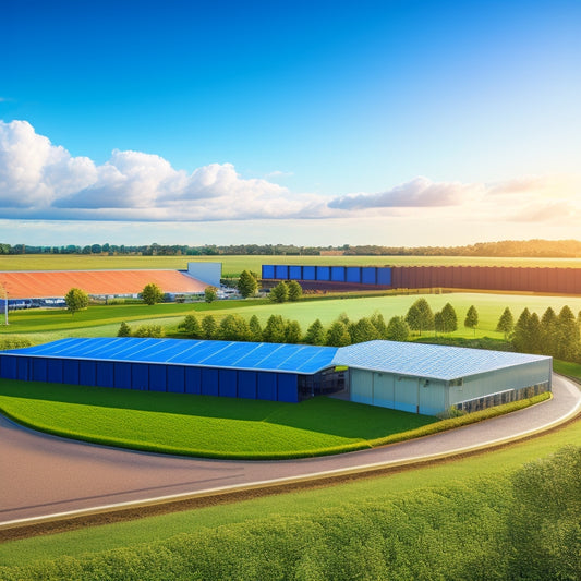 A serene, modern warehouse with solar panels on the roof, wind turbines in the background, and a lush green roof with trees and flowers, surrounded by a tranquil natural landscape.