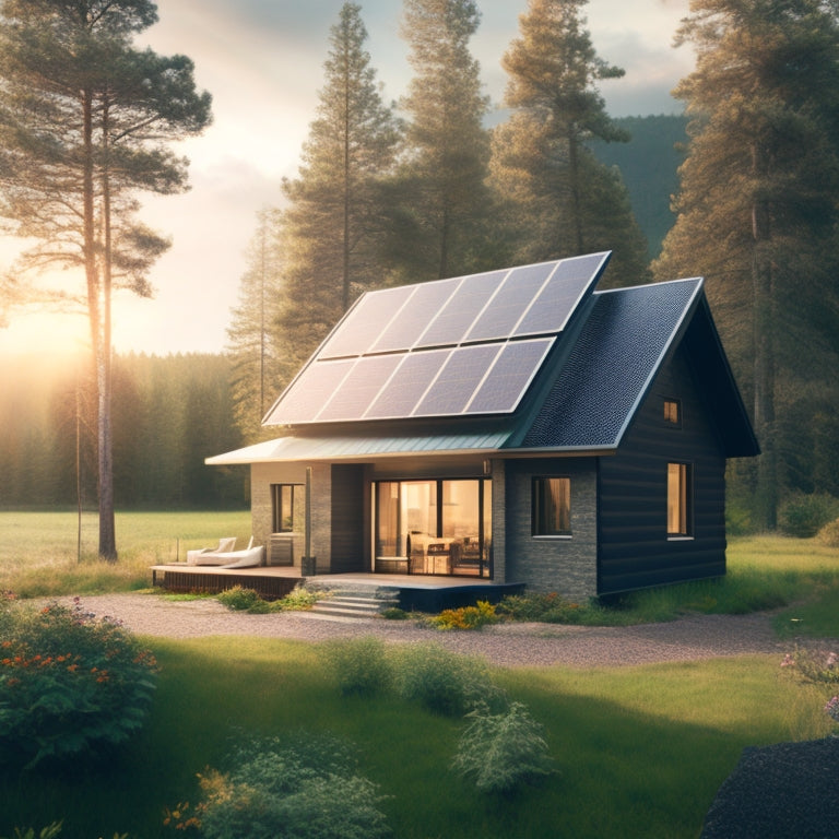 An illustration depicting a serene, rural landscape with a small, modern cabin surrounded by lush greenery, featuring a sleek, black solar panel array on the roof, connected to a compact, white inverter and battery bank inside.