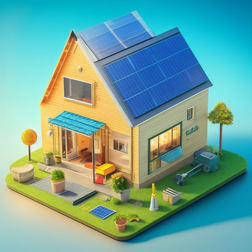 A stylized illustration of a house with solar panels on the roof, surrounded by icons representing factors affecting cost, such as a money bag, a sun, a toolbox, and a geographic map pin.