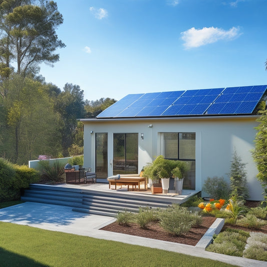 A serene, sunny backyard with a residential rooftop solar panel system, featuring a mix of angled and flat panels, surrounded by lush greenery and a subtle, gradient blue sky.