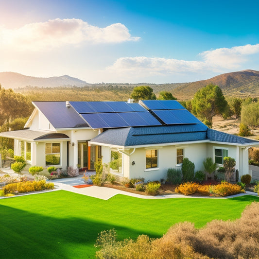 A serene California suburban landscape with a modern single-story home, solar panels installed on the roof, and a bright sunny sky with a few wispy clouds, surrounded by lush greenery.