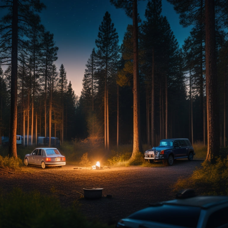 A serene forest campsite at dusk, with a parked car featuring a rooftop solar panel and a portable power station, surrounded by lit lanterns and a camping setup under a starry night sky.