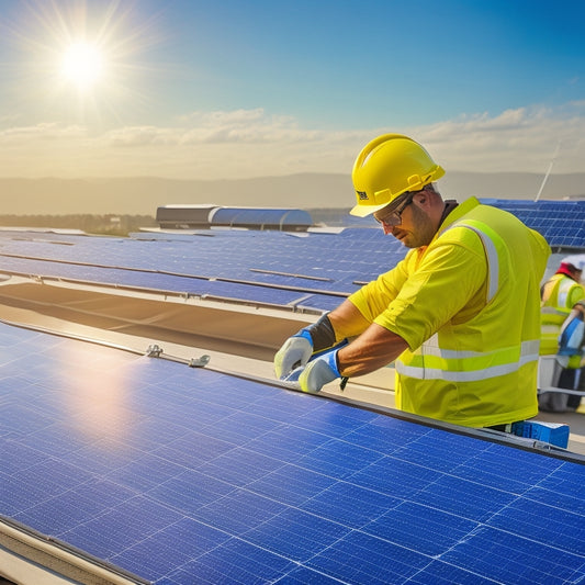 A photorealistic image of a technician in a bright yellow vest and hard hat, inspecting a row of solar panels on a rooftop, with a toolbox and cleaning equipment nearby.