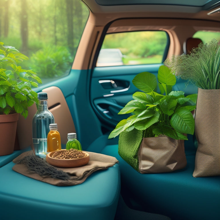 An illustration of a modern, eco-friendly car interior with reusable bags, refillable water bottles, and a dashboard adorned with small potted plants, surrounded by subtle greenery and natural textures.