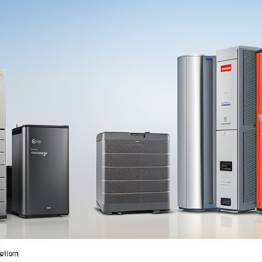 A split-screen image featuring five different residential battery storage systems, each with varied designs, capacities, and brand logos, arranged on a clean white background.