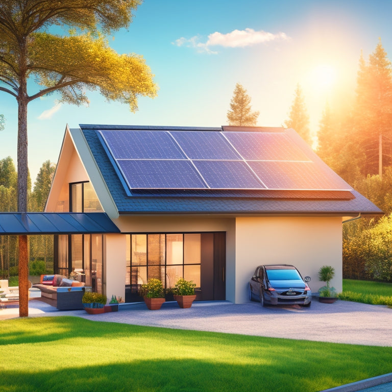 An illustration of a modern home with solar panels on the roof, connecting to a battery bank in the garage, and a backup power inverter, surrounded by greenery and a sunny sky.