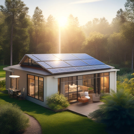 An illustration of a small, modern home with solar panels on the rooftop, surrounded by lush greenery, with a subtle sun shining down, and a faint grid of electrical connections in the background.